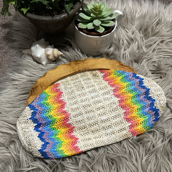 Vintage Woven Clutch-Made in Hong Kong-Wooden Top Closure-Rainbow Exterior - Picture 3 of 17